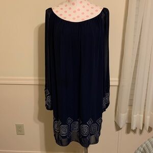 S.L. Fashions Navy Blue Dress sequin trim Size 12 NWOT Shear All seasons Classic